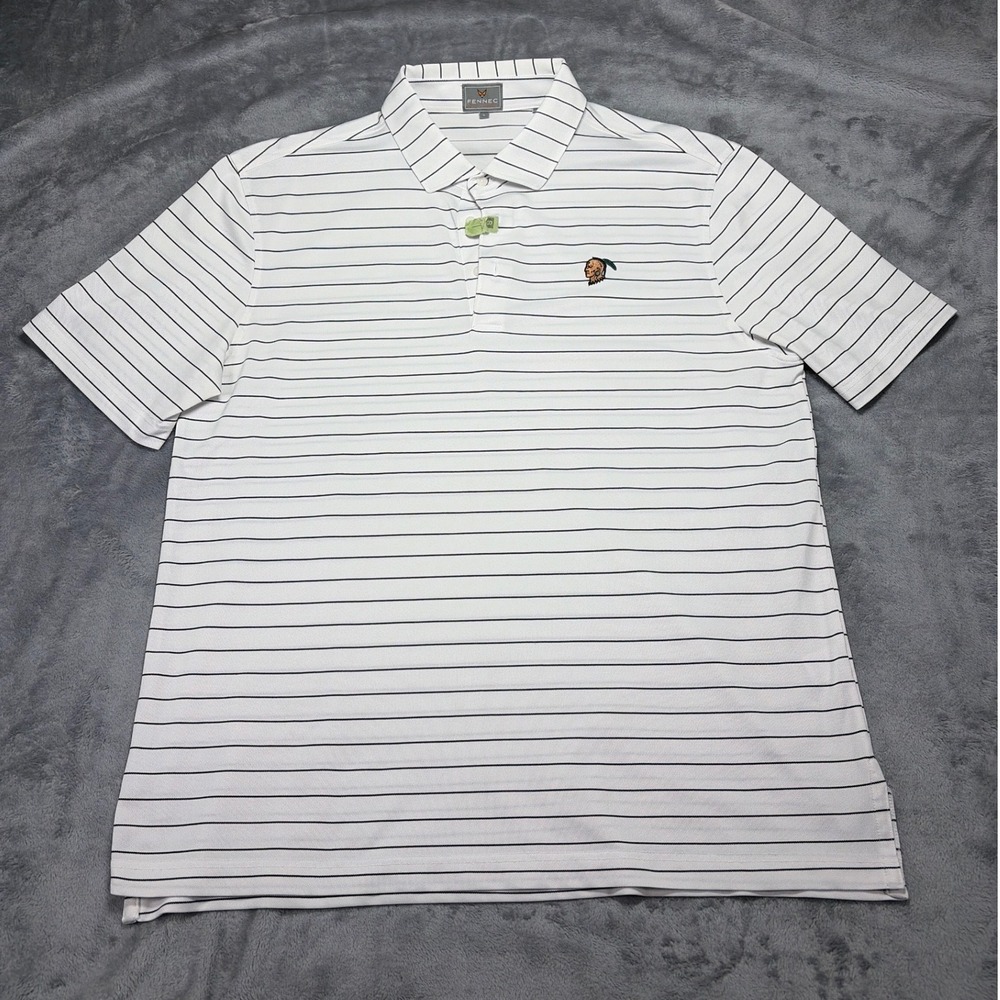 Fennec Highly Evolved Mens Large White Striped Golf Polo Shirt Short Sleeve Logo